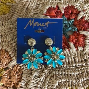 Monet • Gold tone with blue enamel dangle floral 3D earrings